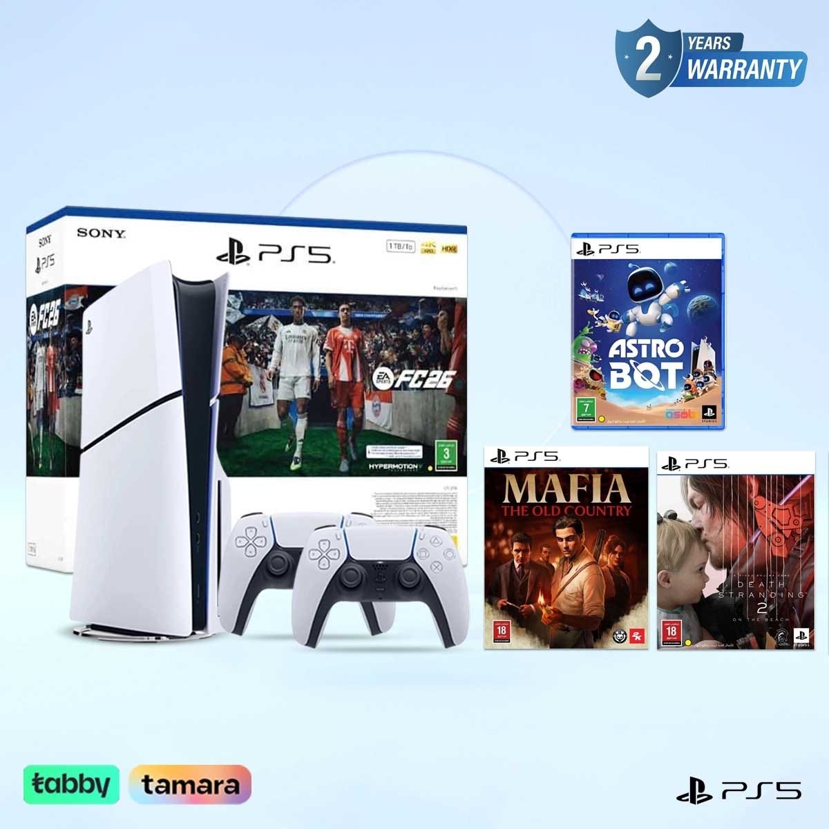 سوني بلايستيشن 5 جهاز ألعاب إصدار قارئ أقراص Blu-ray مع FC26 + Astro Bot + Death Stranding 2 + Mafia The Old Country حزمة ألعاب مع وحدة تحكم DualSense لاسلكية