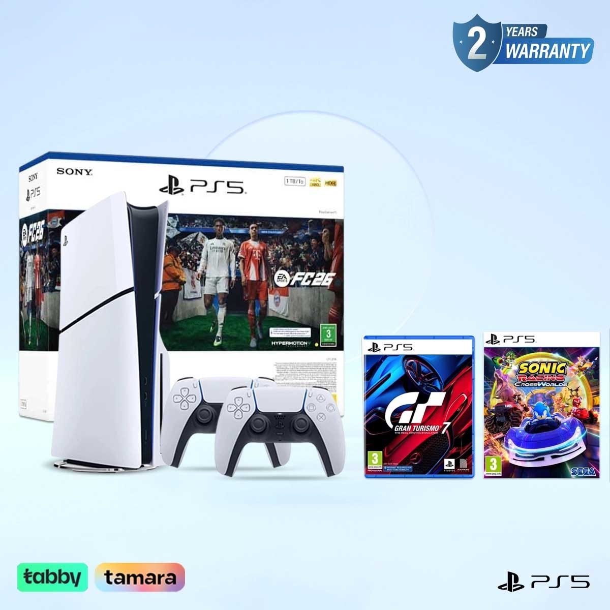 سوني بلايستيشن 5 جهاز ألعاب إصدار قارئ أقراص Blu-ray مع FC26 + Gran Turismo 7 + Sega Sonic Racing حزمة ألعاب مع وحدة تحكم DualSense لاسلكية