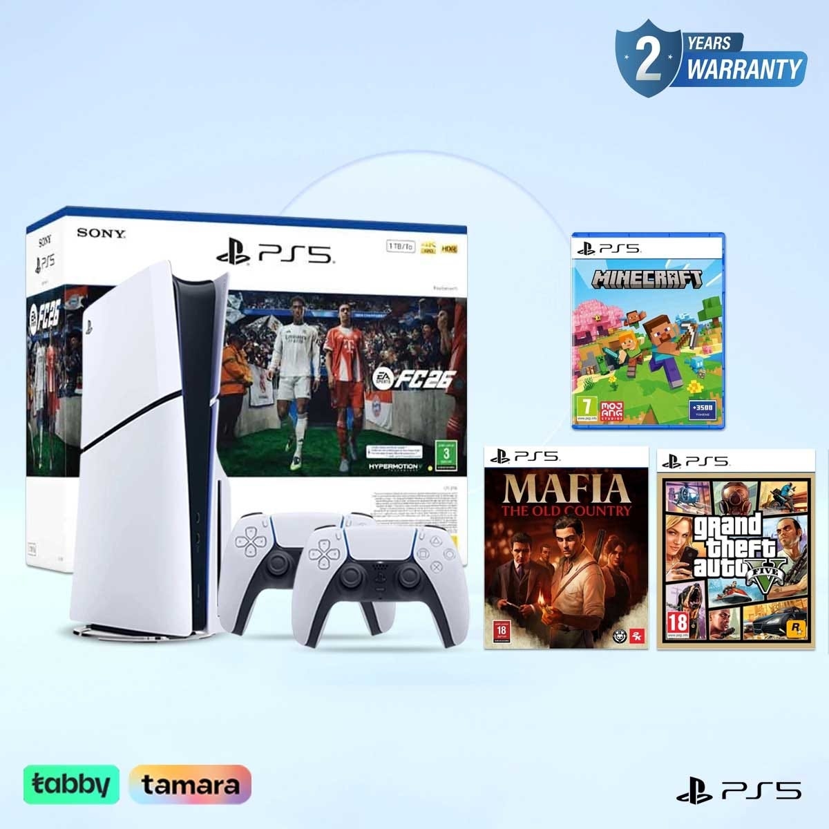 سوني بلايستيشن 5 جهاز ألعاب إصدار قارئ أقراص Blu-ray مع FC26 + ماينكرافت + GTA5 + Mafia The Old Country حزمة ألعاب مع وحدة تحكم DualSense لاسلكية