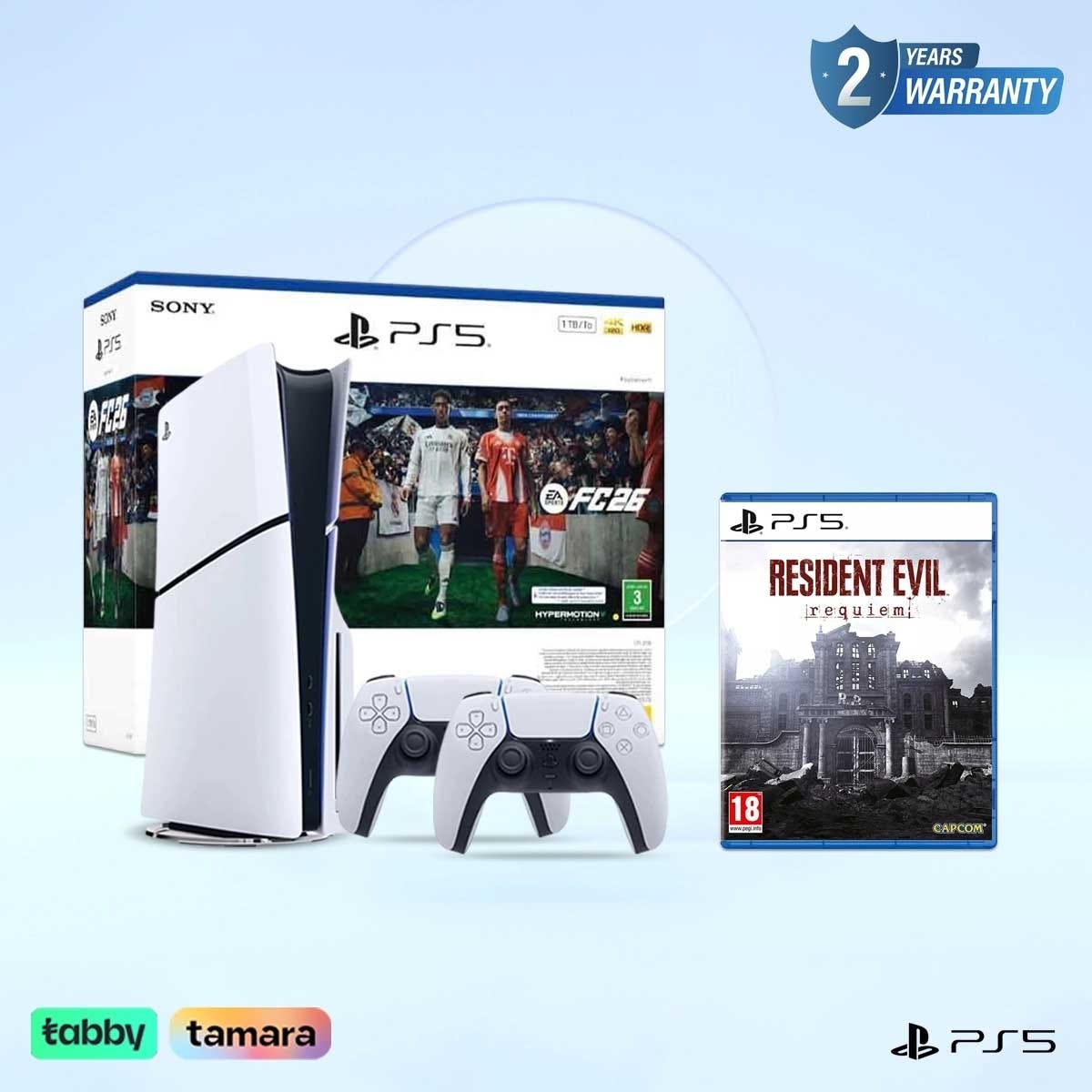 سوني بلايستيشن 5 جهاز ألعاب إصدار قارئ أقراص Blu-ray مع FC26 + ريزدنت إيفل ريكويم إصدار لينتيكولار حزمة ألعاب مع وحدة تحكم DualSense لاسلكية