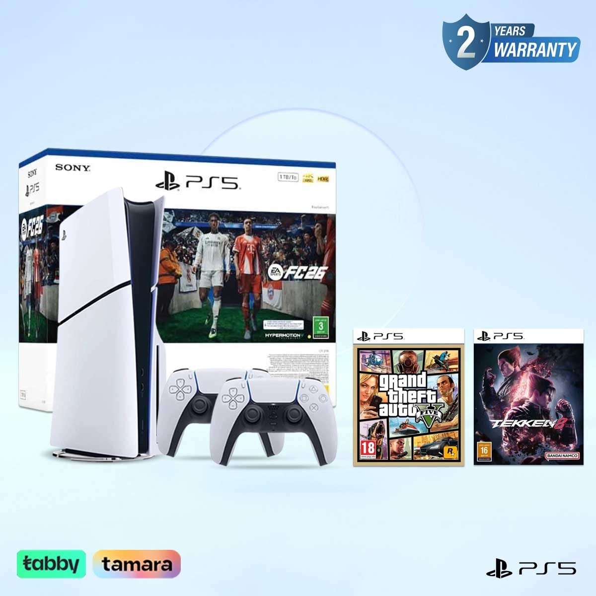 سوني بلايستيشن 5 جهاز ألعاب إصدار قارئ أقراص Blu-ray مع FC26 + Tekken 8 + GTA 5 حزمة ألعاب مع وحدة تحكم DualSense لاسلكية