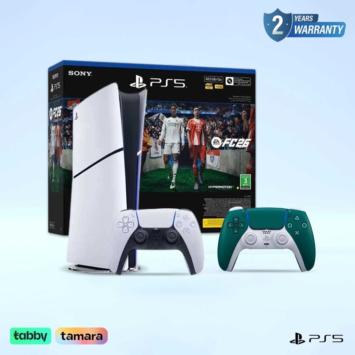 سوني بلايستيشن 5 جهاز ألعاب الإصدار الرقمي 825 جيجابايت مع لعبة EA Sports FC26 (نسخة السعودية) حزمة مع وحدة تحكم DualSense لاسلكية أخضر ألباين