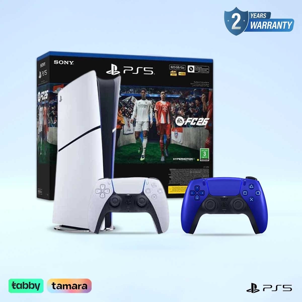سوني بلايستيشن 5 جهاز ألعاب الإصدار الرقمي 825 جيجابايت مع لعبة EA Sports FC26 (نسخة السعودية) حزمة مع وحدة تحكم DualSense لاسلكية أزرق كوبالت