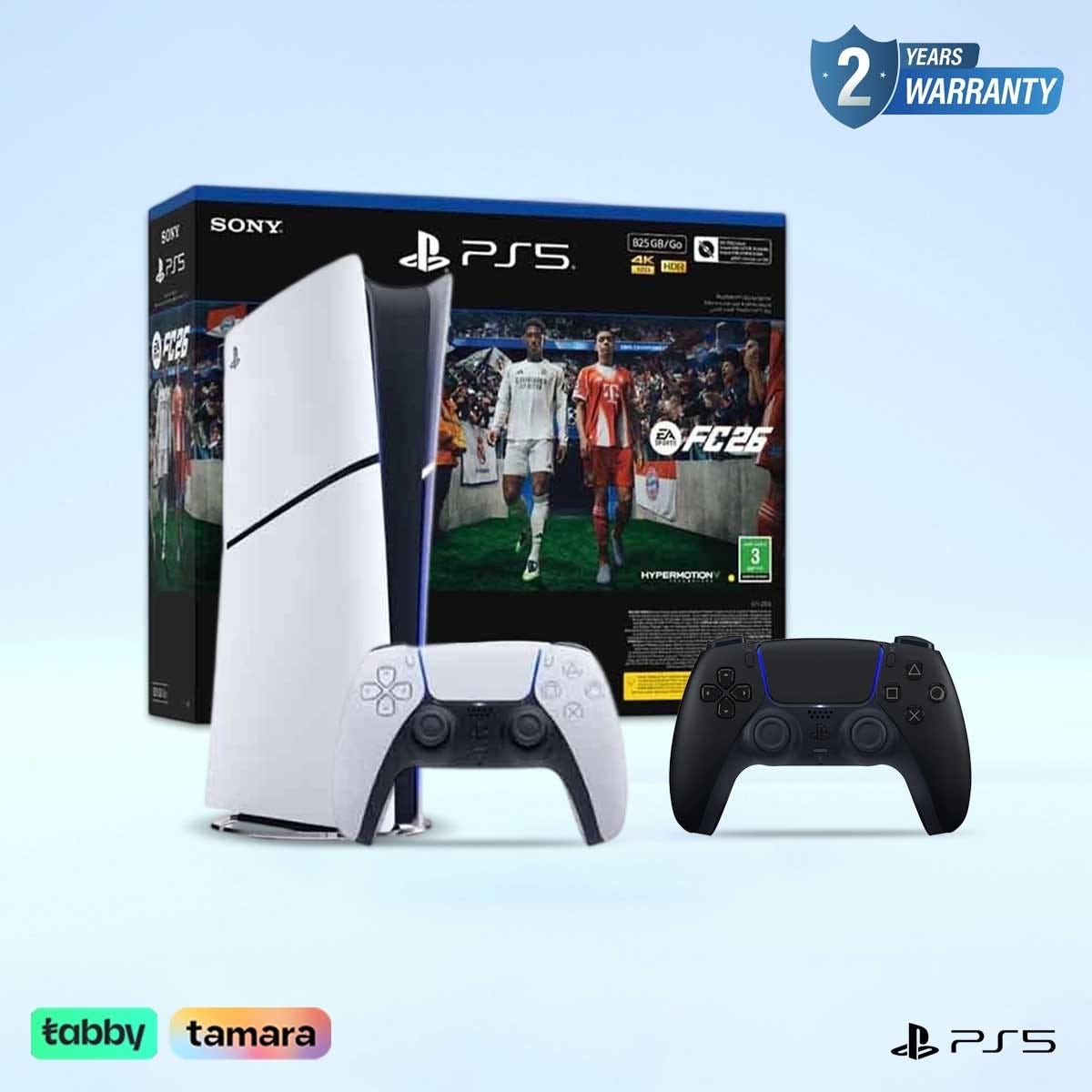 سوني بلايستيشن 5 جهاز ألعاب الإصدار الرقمي 825 جيجابايت مع لعبة EA Sports FC26 (نسخة السعودية) حزمة مع وحدة تحكم DualSense لاسلكية أسود منتصف الليل (نسخة السعودية)