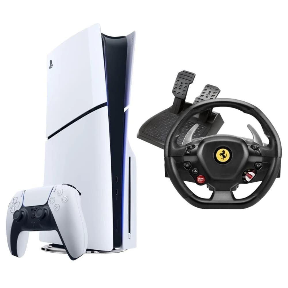 جهاز ألعاب بلاي ستيشن 5 سليم بلو راي مع عجلة قيادة سباق ثراست ماستر T80 فيراري 488 إصدارGtb