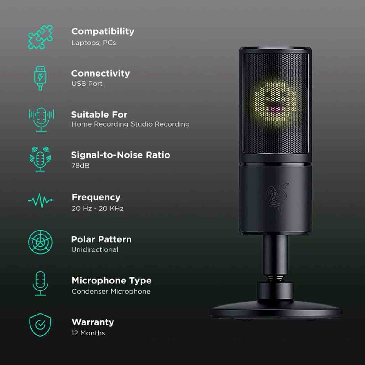 Razer Seiren Emote USB Wired Microphone with Built-in Shock Mount