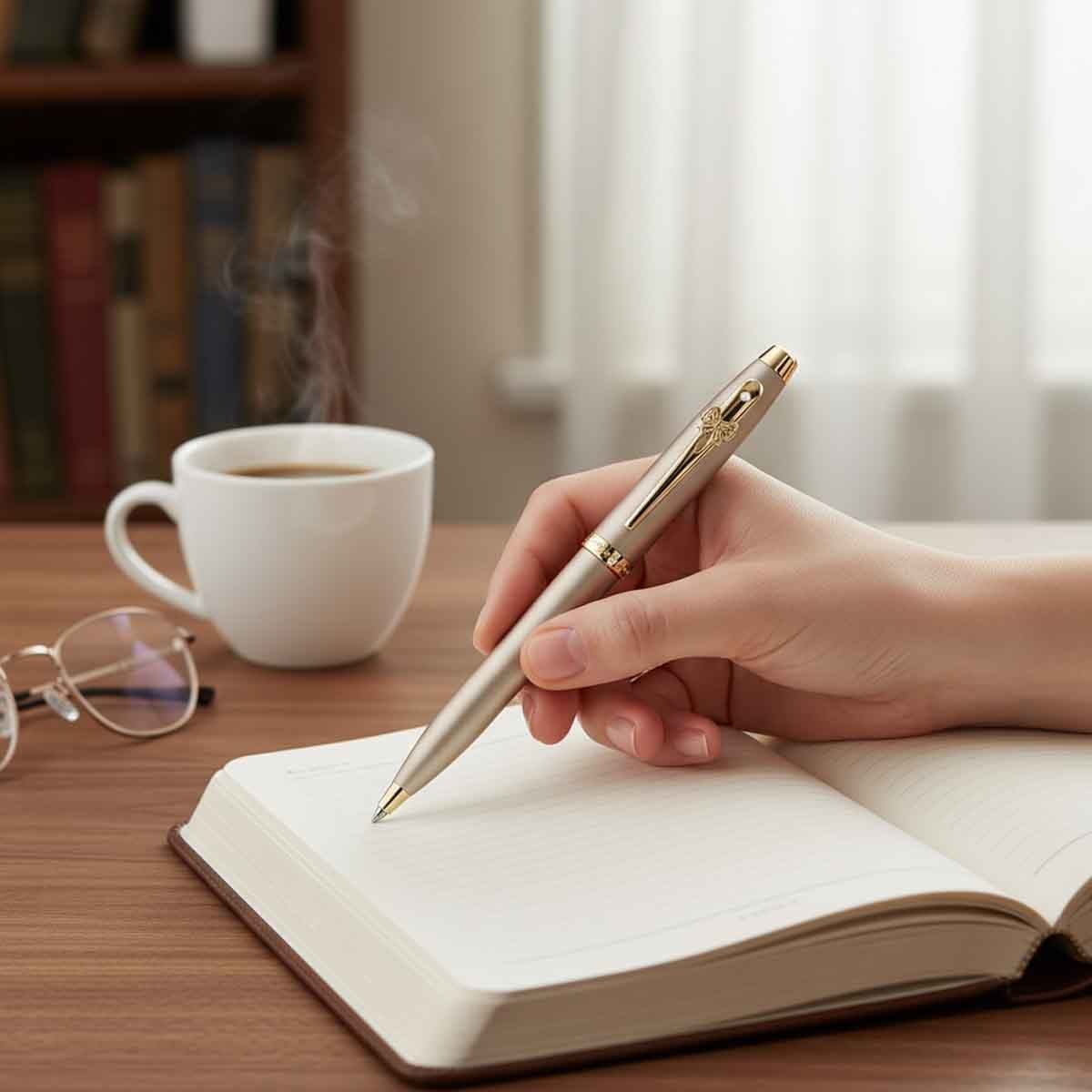 شيفر إي آي بي 100 9377 قلم حبر جاف بلون الشمبانيا الذهبي مع حليات باللون نفسه وزخرفة مشبك بشكل ربطة