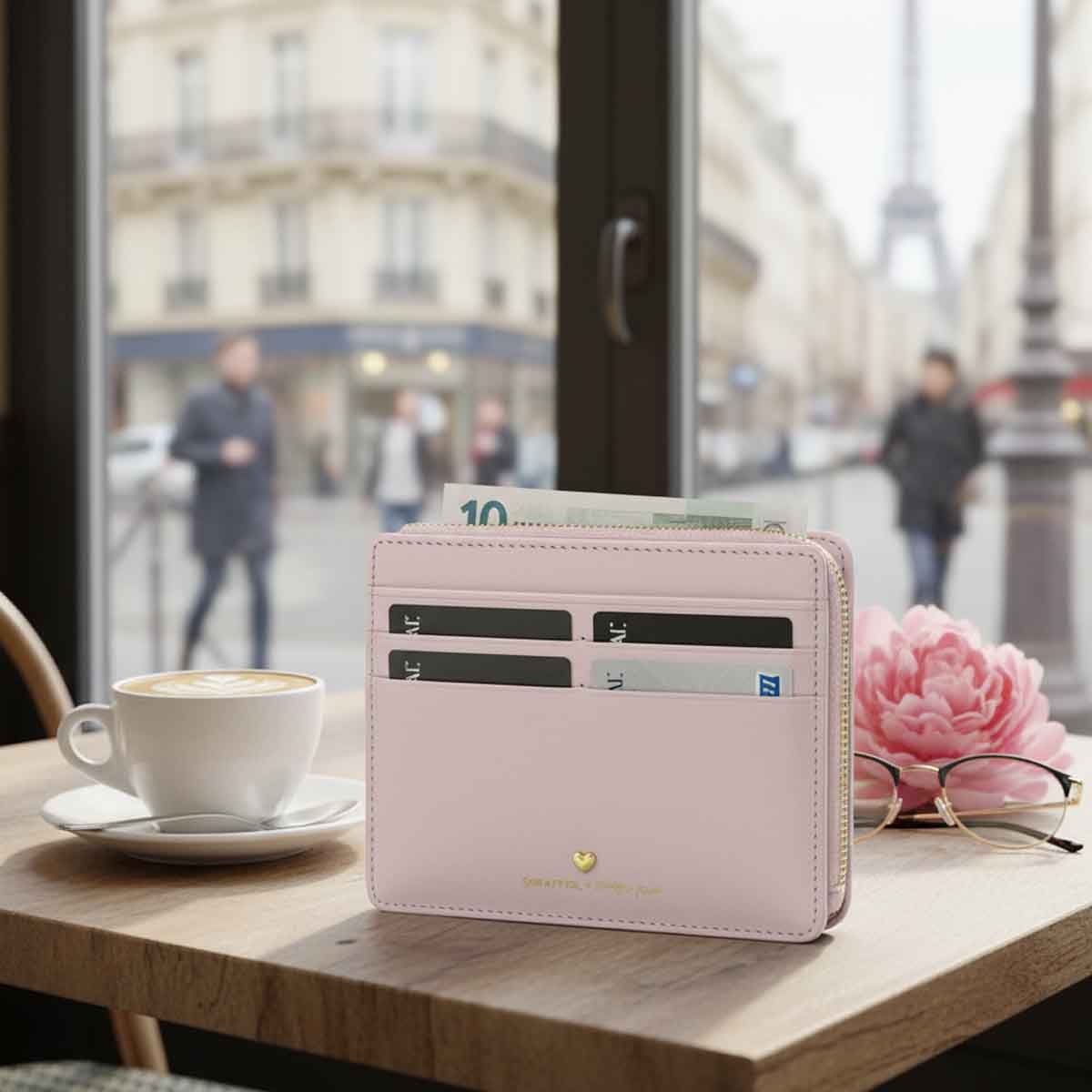 شيفر إي آي بي محفظة عملات بسحاب من الجلد الطبيعي الكامل باللون الوردي