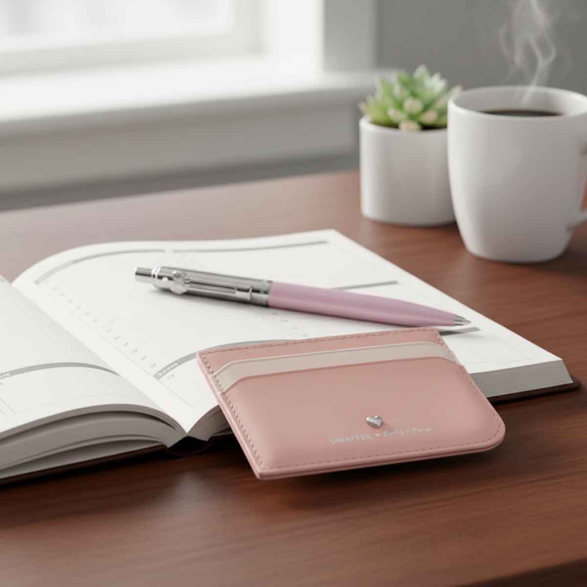 شيفر إي آي بي سنتينل 321 قلم حبر جاف بلون وردي مطفي مع حافظة بطاقات ائتمان من الجلد الطبيعي الكامل – طقم هدايا