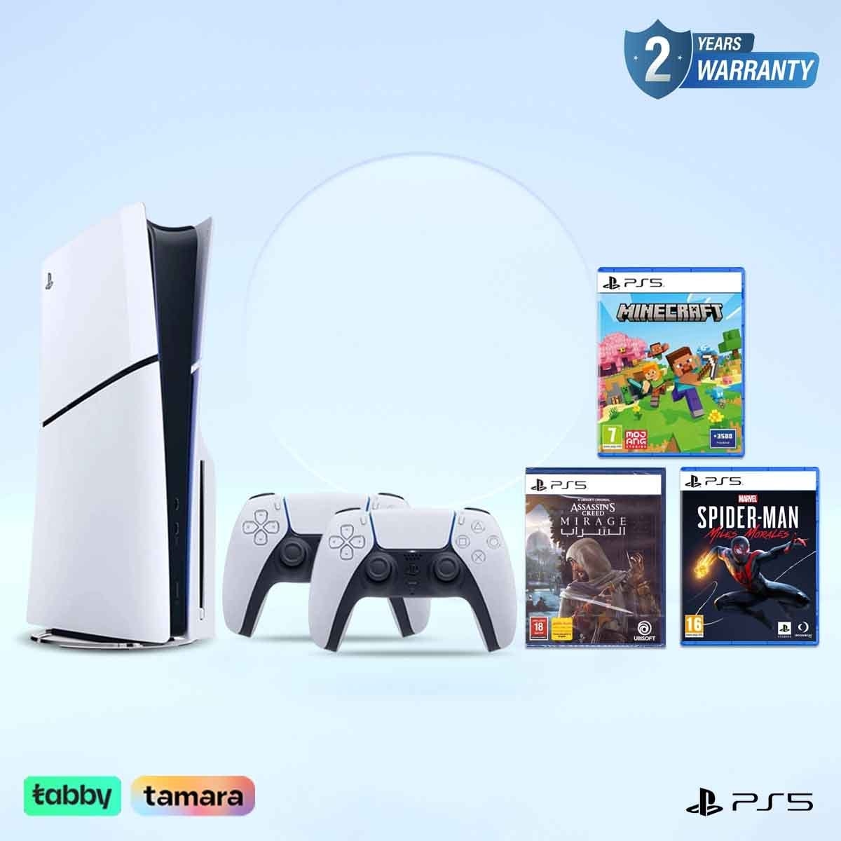 سوني بلايستيشن 5 إصدار الأقراص Blu-Ray نسخة السعودية مع وحدة تحكم دوال سينس لاسلكية باللون الأبيض وباقة ألعاب أساسنز كريد ميراج + مارفل سبايدر مان + ماينكرافت