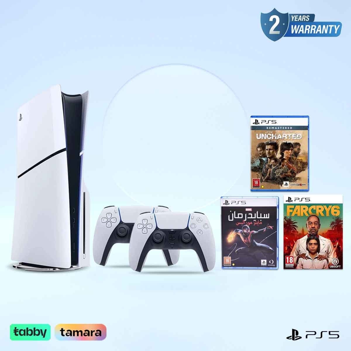 سوني بلايستيشن 5 إصدار الأقراص Blu-Ray نسخة السعودية مع وحدة تحكم دوال سينس لاسلكية باللون الأبيض وباقة ألعاب سبايدر مان مايلز موراليس + فار كراي 6 من يوبيسوفت + أنتشارتد