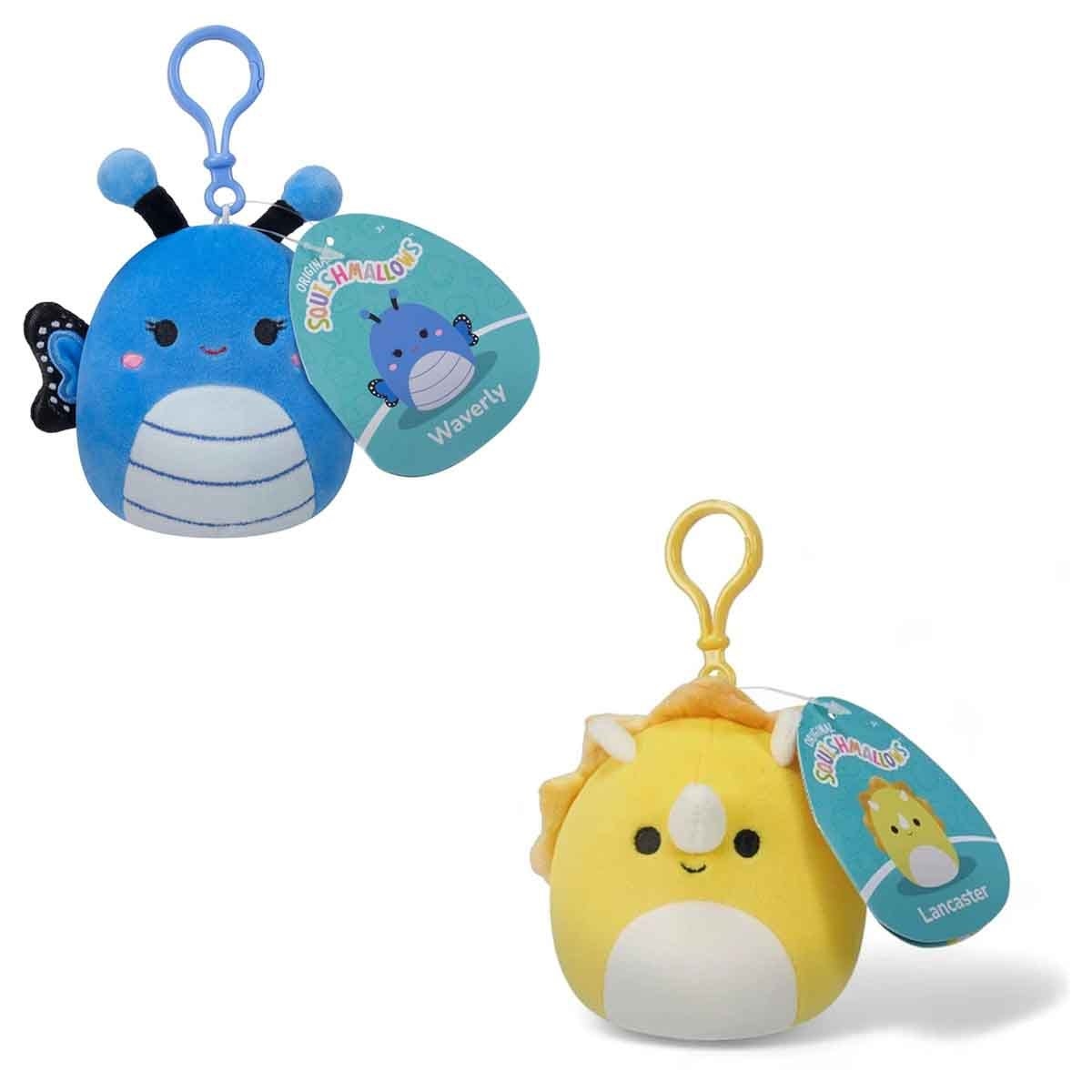Squishmallows 3.5" Waverly Blue Butterfly & 3.5″ Lancaster the Yellow Triceratops Clip-On Plush Toy Bundle Unisex, 3-4 Years