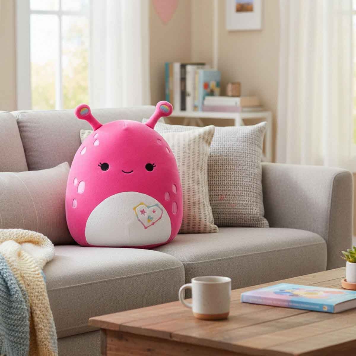 سكويشميلوز لعبة محشوة فروولين الفضائي الوردي 7.5 إنش ببطن لامع أبيض وتشكيلة نجوم قلوب للجنسين، 3-4 سنوات