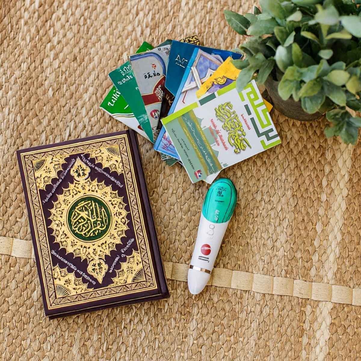 Sundus Koushou Memory Foam Assorted Prayer Mat with Quran Stand, Quran with Read Pen & Book Bundle