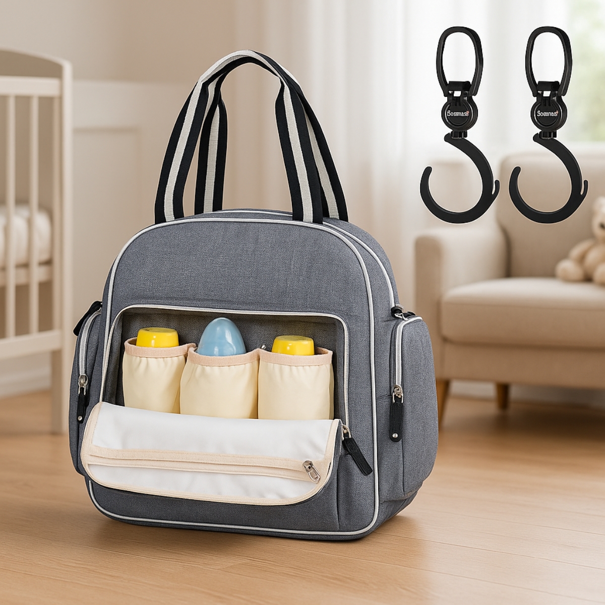 صنفينو حقيبة حفاضات أمومة سيغنتشر باللون الرمادي مع خطافات عربة للأطفال
