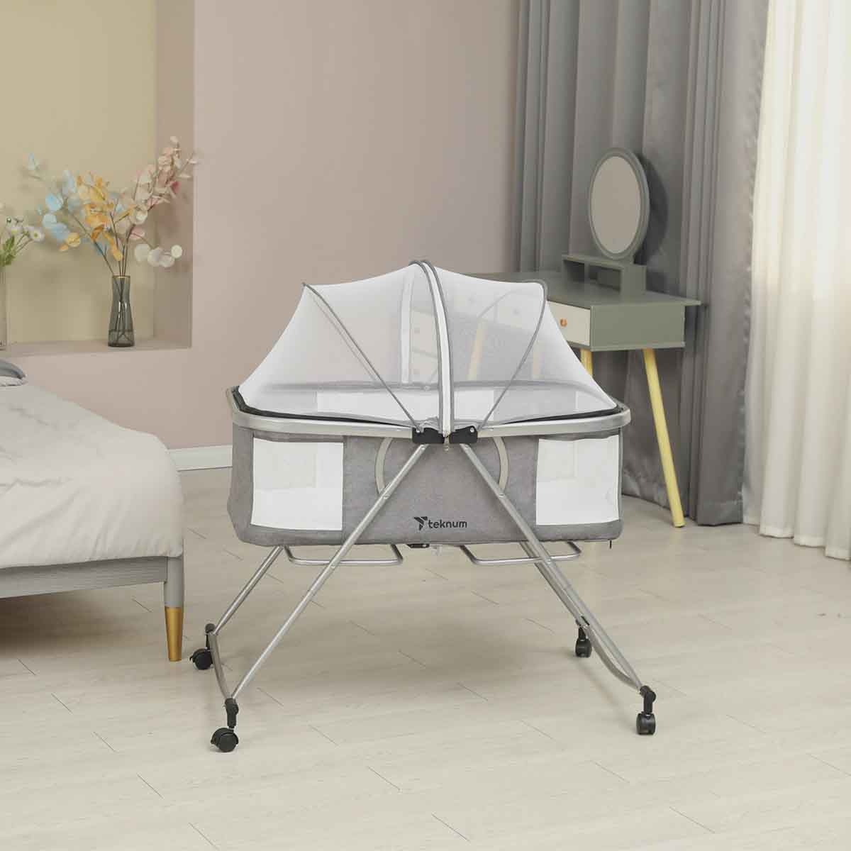 Teknum 3 in 1 Baby Cot Cradle with Mosquito Net & Wheels Toddler, 0-2 Years