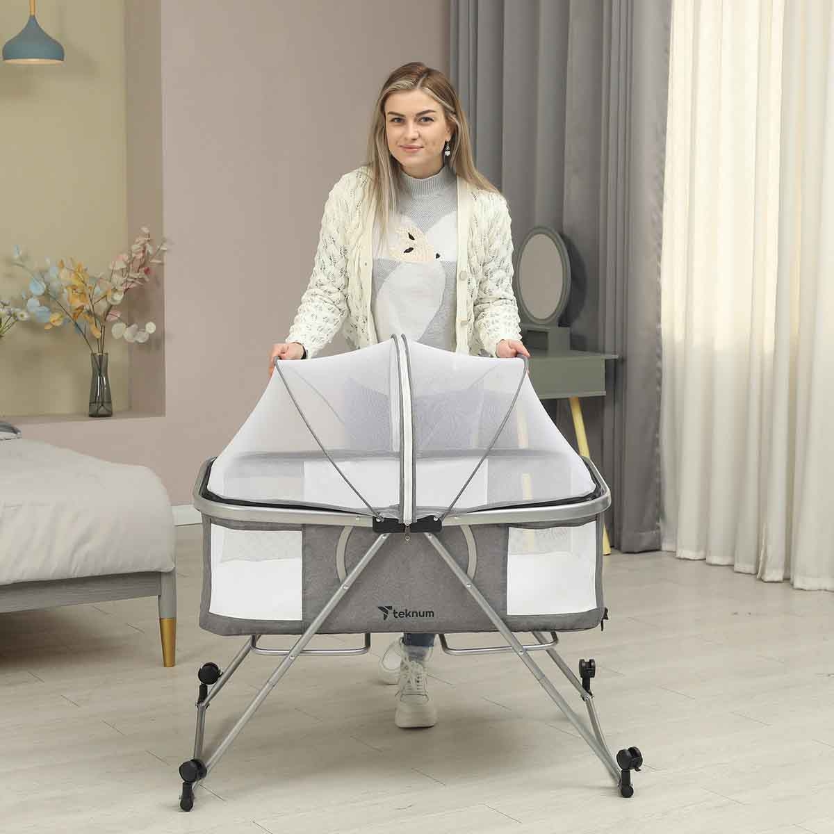 Teknum 3 in 1 Baby Cot Cradle with Mosquito Net & Wheels Toddler, 0-2 Years