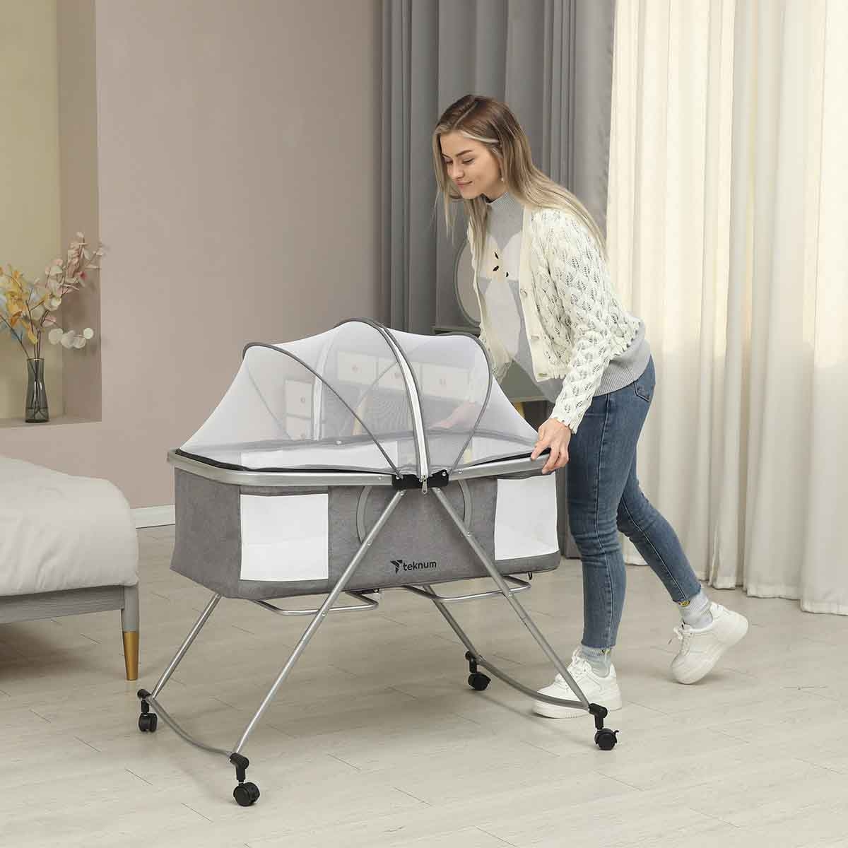 Teknum 3 in 1 Baby Cot Cradle with Mosquito Net & Wheels Toddler, 0-2 Years