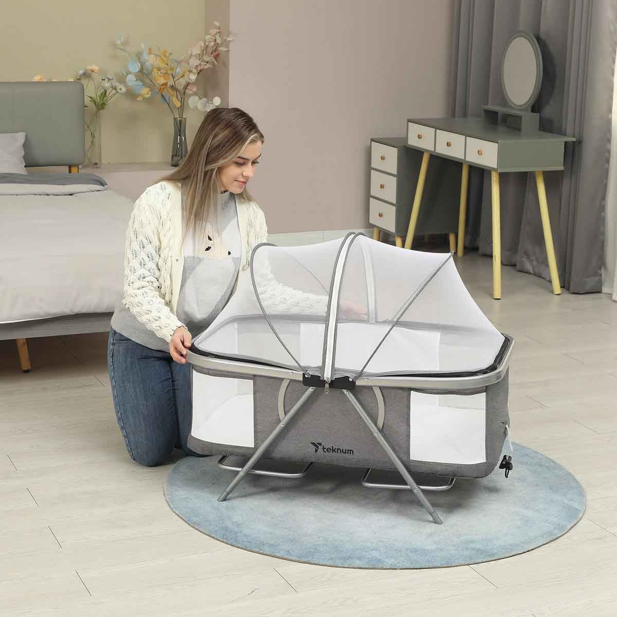 Teknum 3 in 1 Baby Cot Cradle with Mosquito Net & Wheels Toddler, 0-2 Years