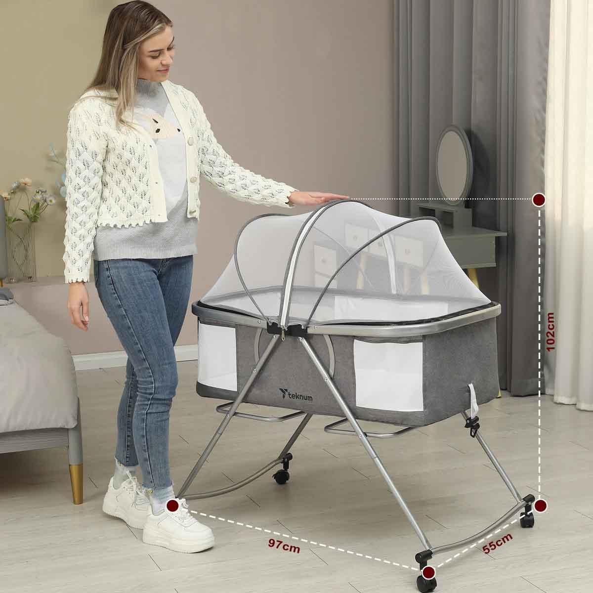 Teknum 3 in 1 Baby Cot Cradle with Mosquito Net & Wheels Toddler, 0-2 Years