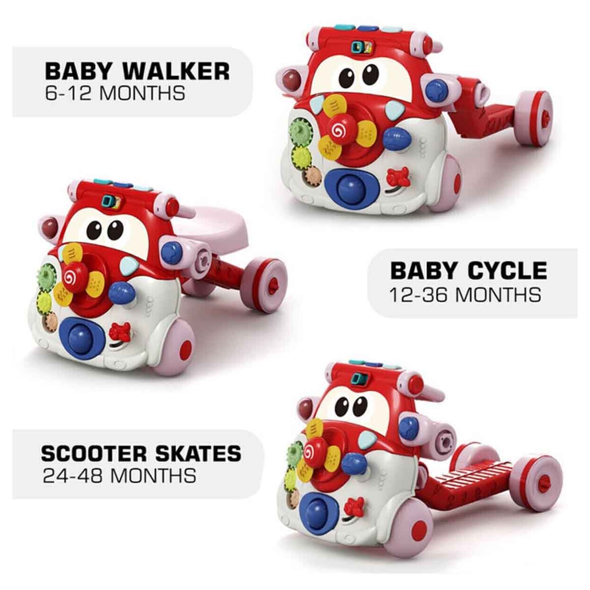 تيكنوم مشاية أطفال 3 في 1 باللون الأحمر مع لوحة مفاتيح موسيقية للأطفال 0-2 سنوات