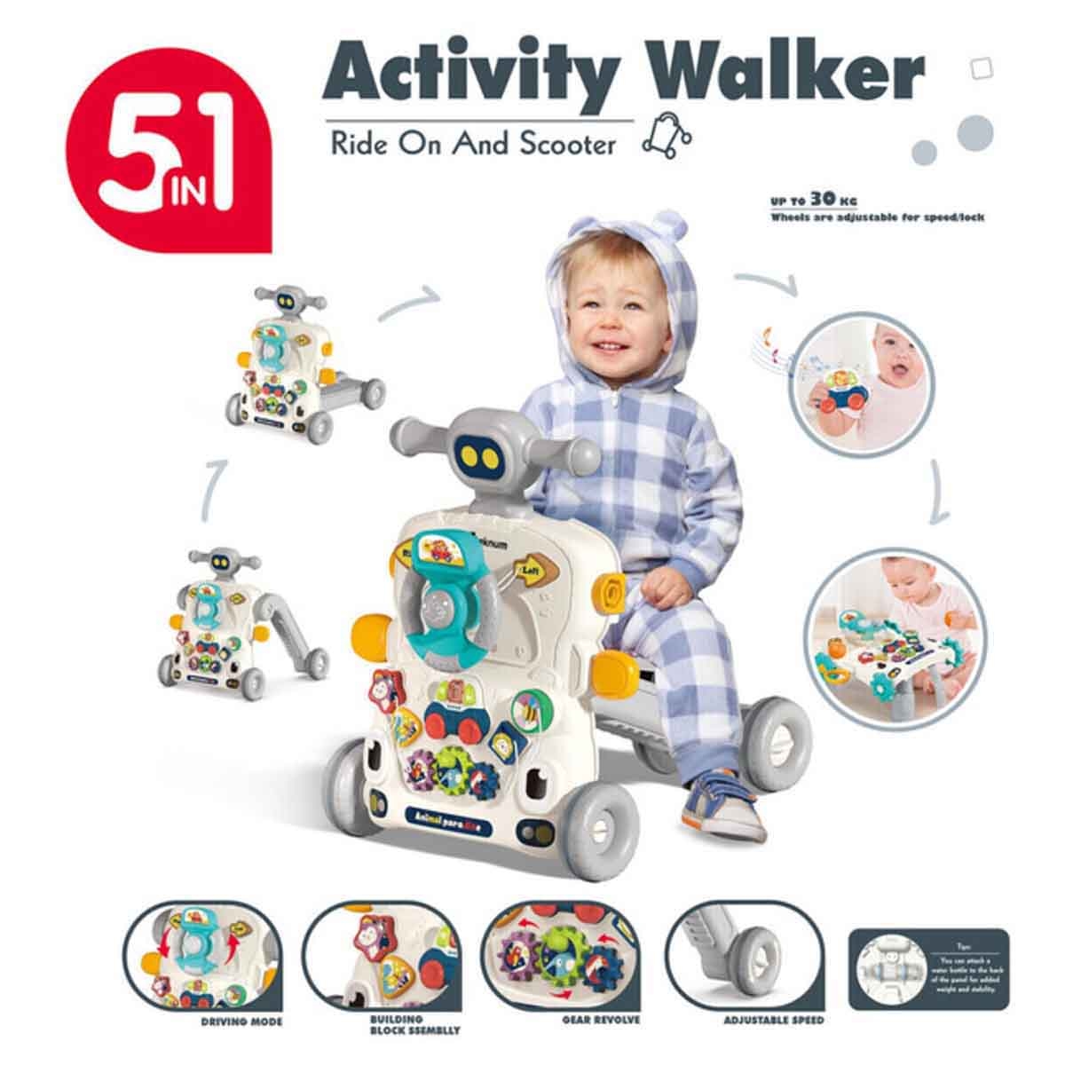 تيكنوم مشاية أطفال 5 في 1 باللون الرمادي مع لوحة مفاتيح موسيقية للأطفال 0-2 سنوات