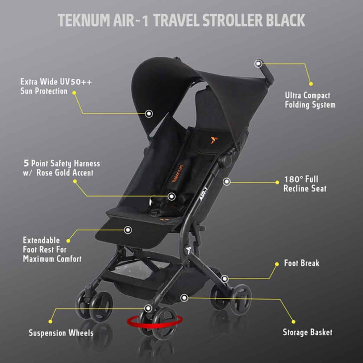 تيكنوم عربة أطفال للسفر AIR - 1 باللون الأسود مع حقيبة ظهر للحمل