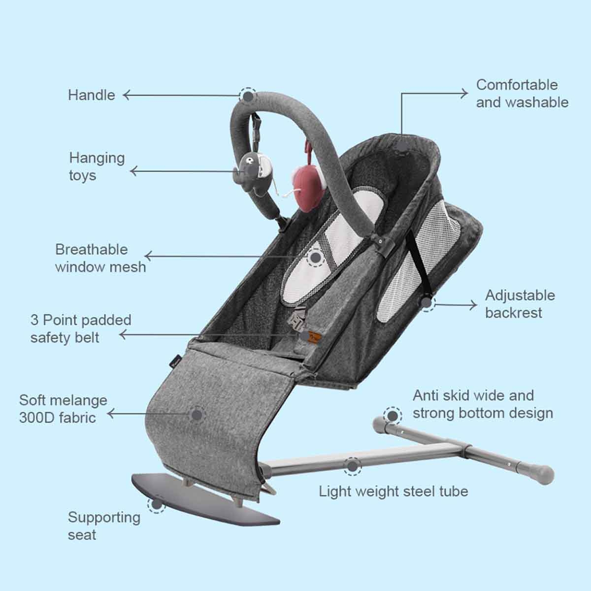 Teknum Dark Grey Baby Bouncer with Grab Toys
