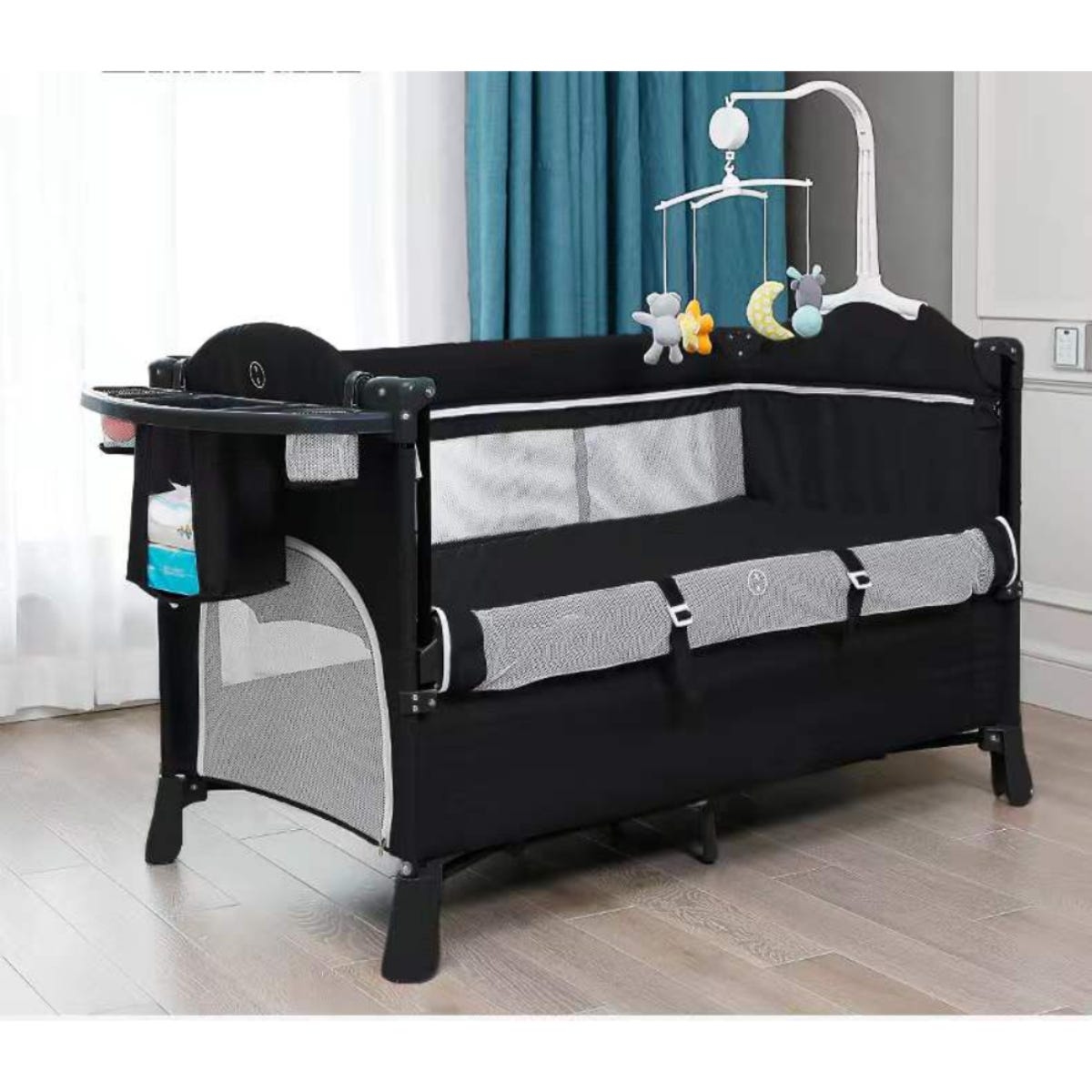 Teknum Black 4-In-1 Bedside Co-Sleeper Bassinet and Playpen with Rocker Toddler, 0-2 Years