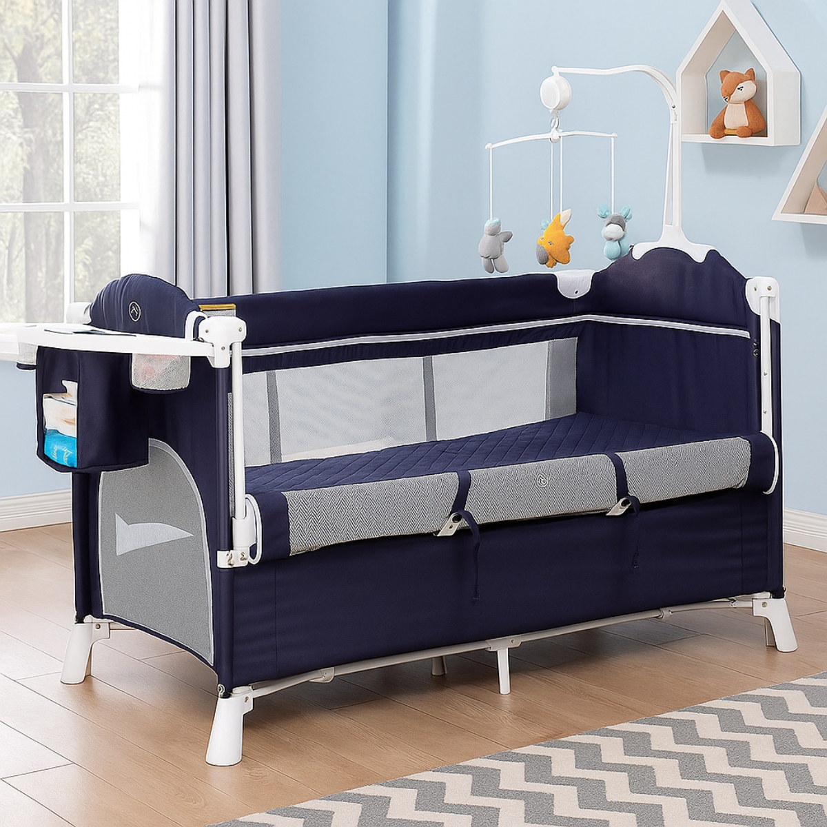 تيكنوم سرير أطفال جانبي 4 في 1 مع مهد وساحة لعب وهزاز باللون الأزرق للأطفال من عمر 0 إلى 2 سنة