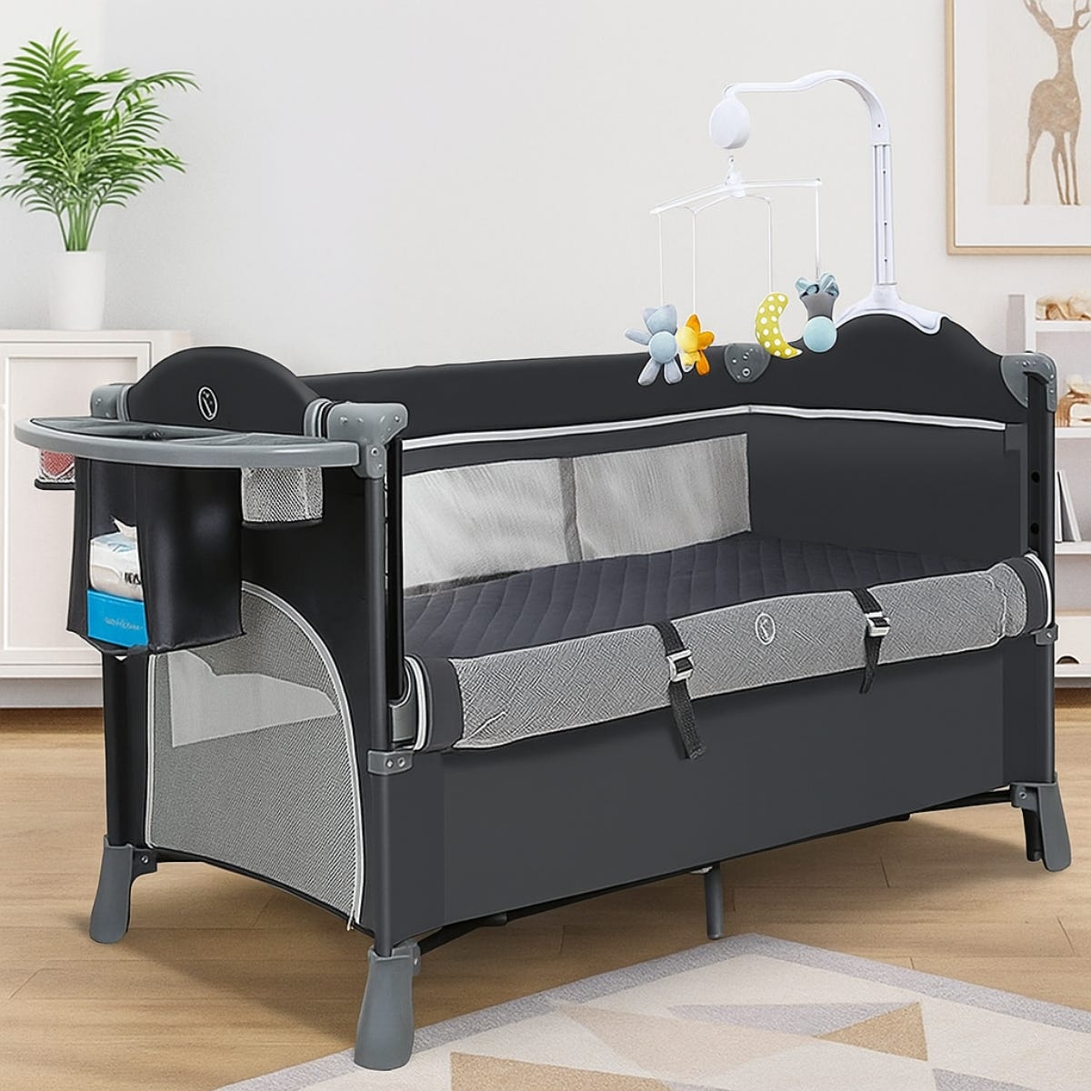 Teknum Grey 4 in 1 Baby Bedside Co Sleeper Bassinet and Playpen with Rocker Toddler, 0-2 Years