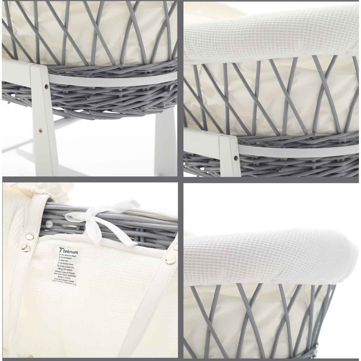 تيكنوم مهد موسى من الخوص مع طقم مفروشات وفل أبيض وحامل هزاز أبيض خشب رمادي، 0-2 سنوات