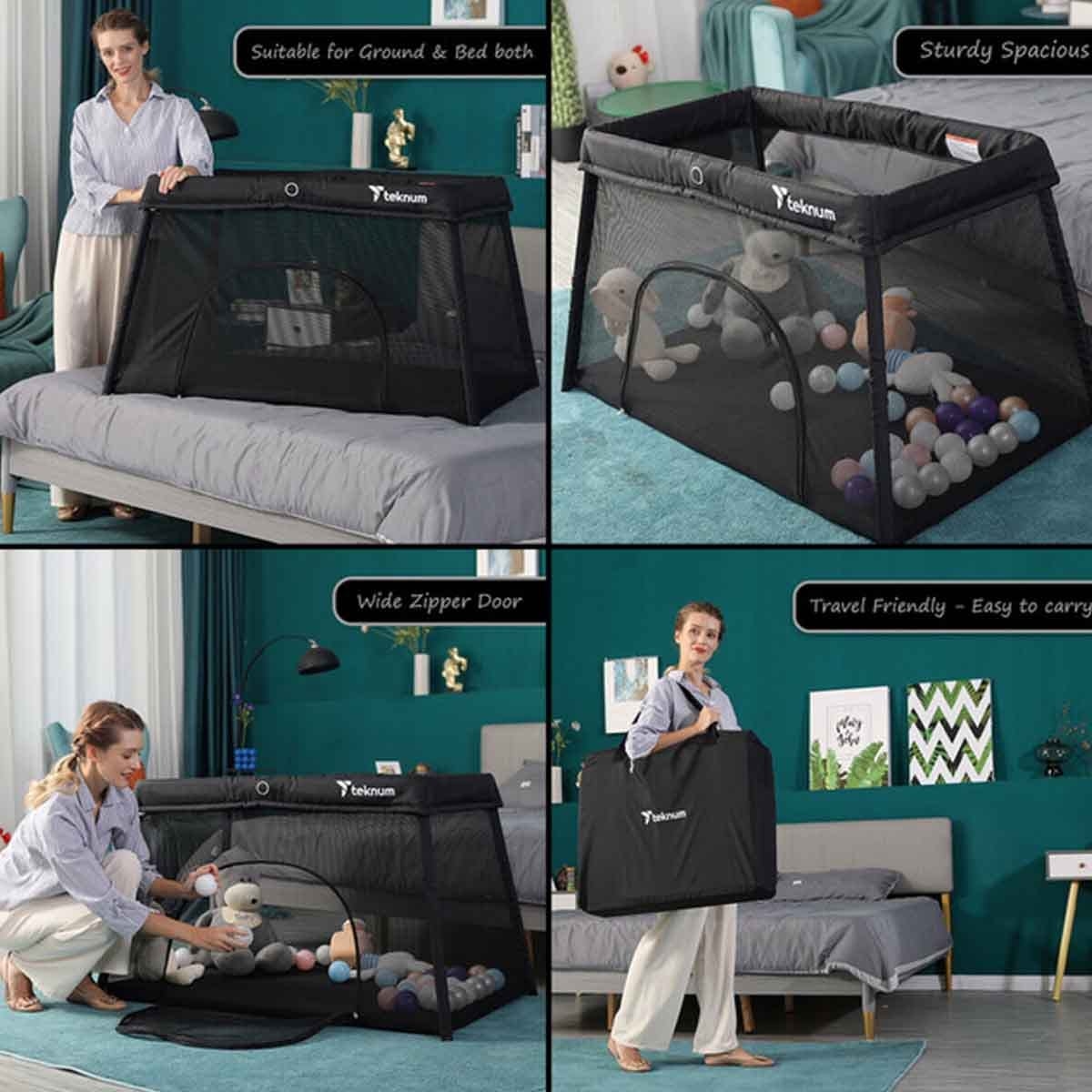 Teknum Midnight Black Portable Quick Fold Playard & Cot with Zipper Door & Carry Bag