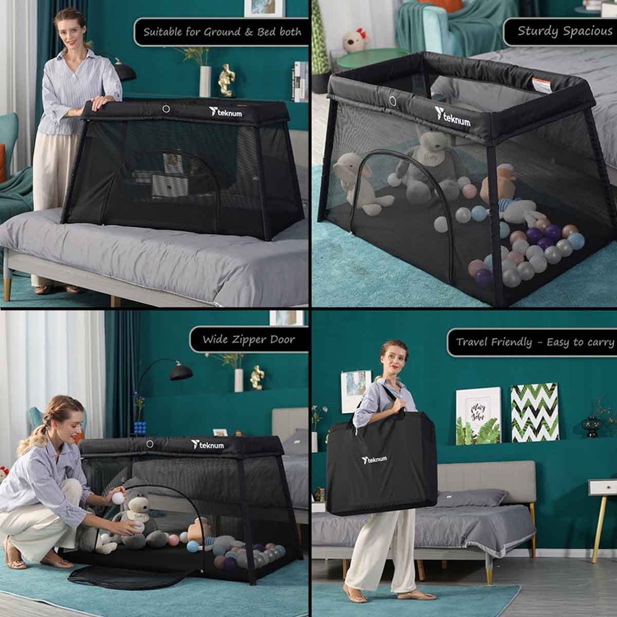 Teknum Midnight Black Portable Quick Fold Playard & Cot with Zipper Door & Carry Bag