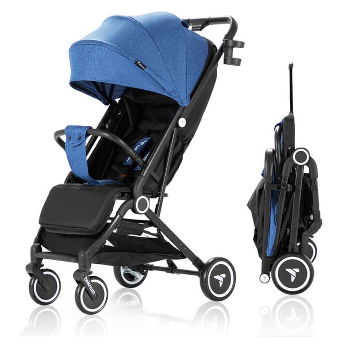 تيكنوم عربة أطفال للسفر باللون الأزرق مع حامل كوب قهوة