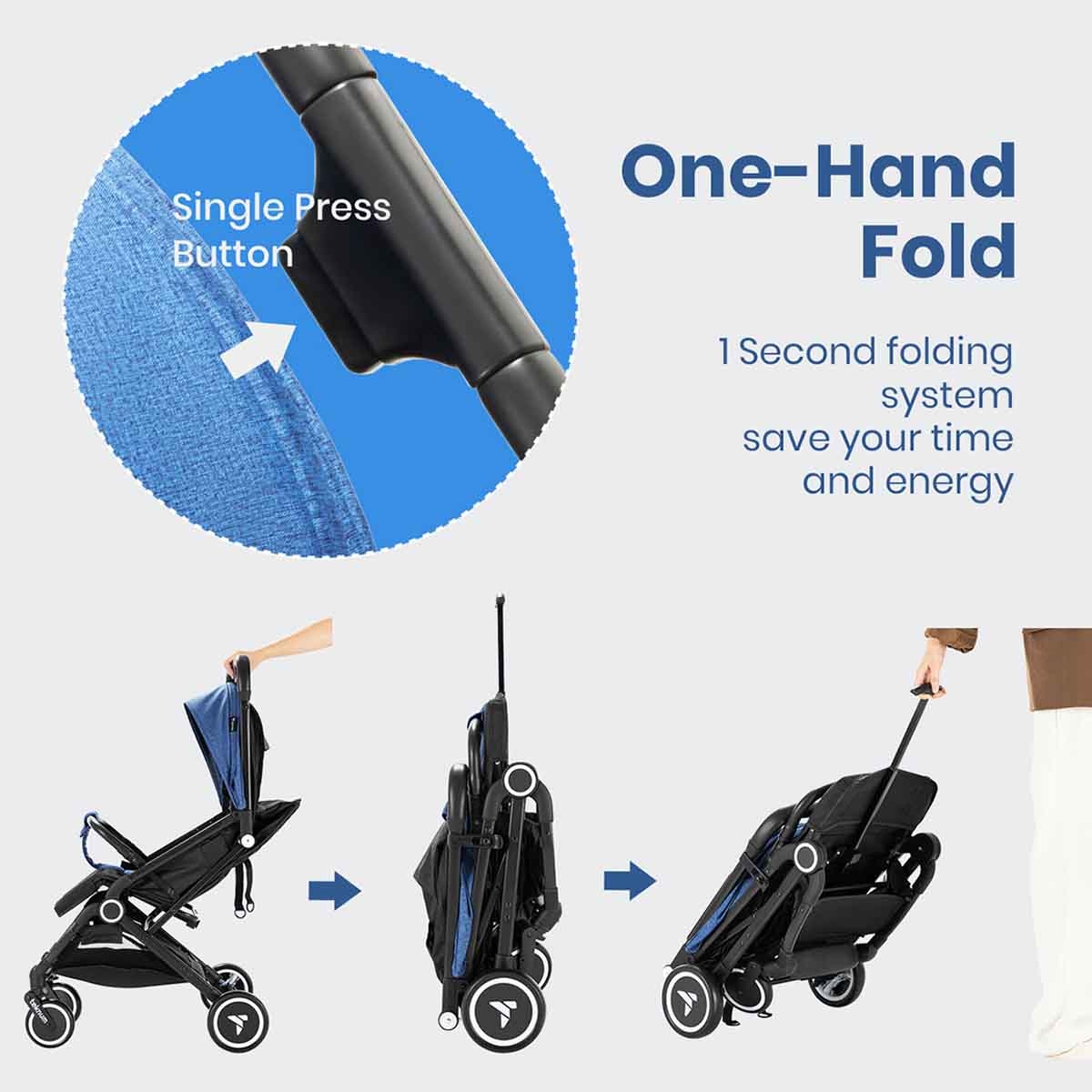 تيكنوم عربة أطفال للسفر باللون الأزرق مع حامل كوب قهوة