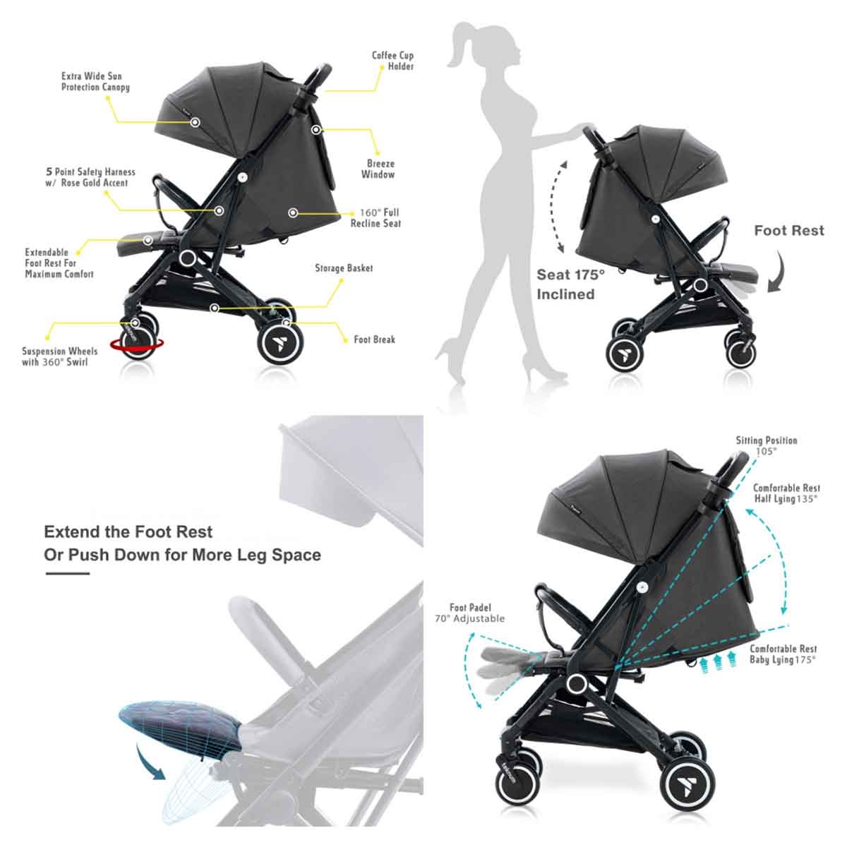 تيكنوم عربة أطفال للسفر مع حامل كوب قهوة باللون الرمادي سلايت