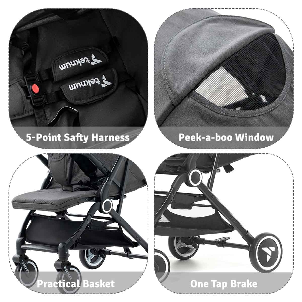 تيكنوم عربة أطفال للسفر مع حامل كوب قهوة باللون الرمادي سلايت