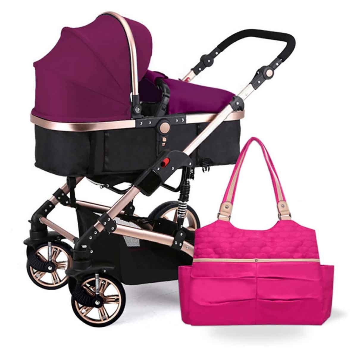 Teknum Wine 3-in-1 Pram Stroller with Sunveno Diaper Tote Bag Set Toddler, 0-2 Years