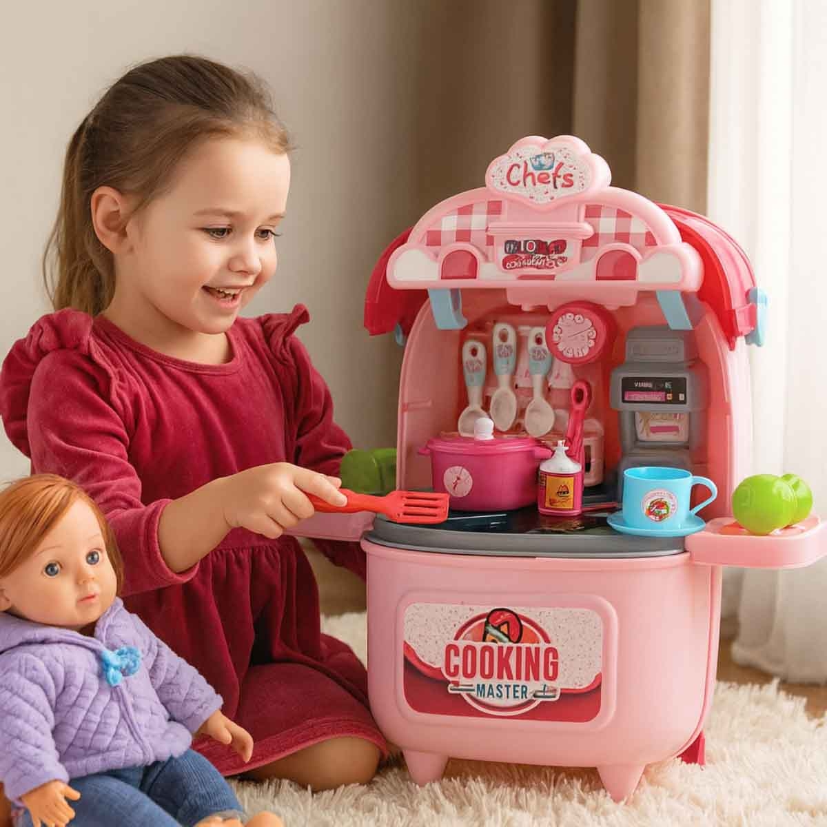 شيونغ تشينغ مجموعة مطبخ ماستر الطبخ 2 في 1 للبنات 3-4 سنوات