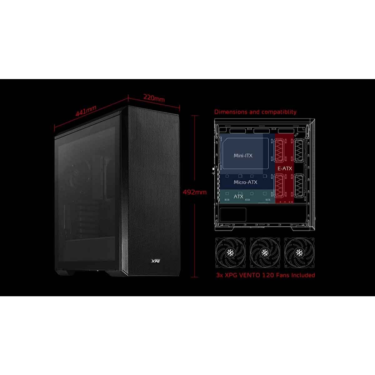 إكس بي جي كيس كمبيوتر ATX باللون الأسود مع 3 مراوح غير ARGB ولوحة أمامية شبكية سلسلة Defender