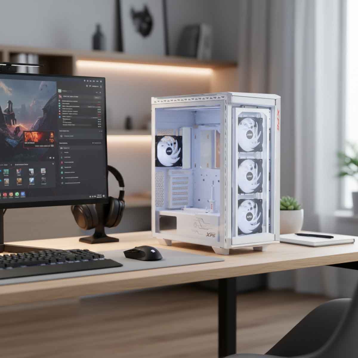 إكس بي جي كيس كمبيوتر ATX باللون الأبيض مع 4 مراوح ARGB سلسلة Battlecruiser II ولوحة مغناطيسية ودعم ردياتير 420mm