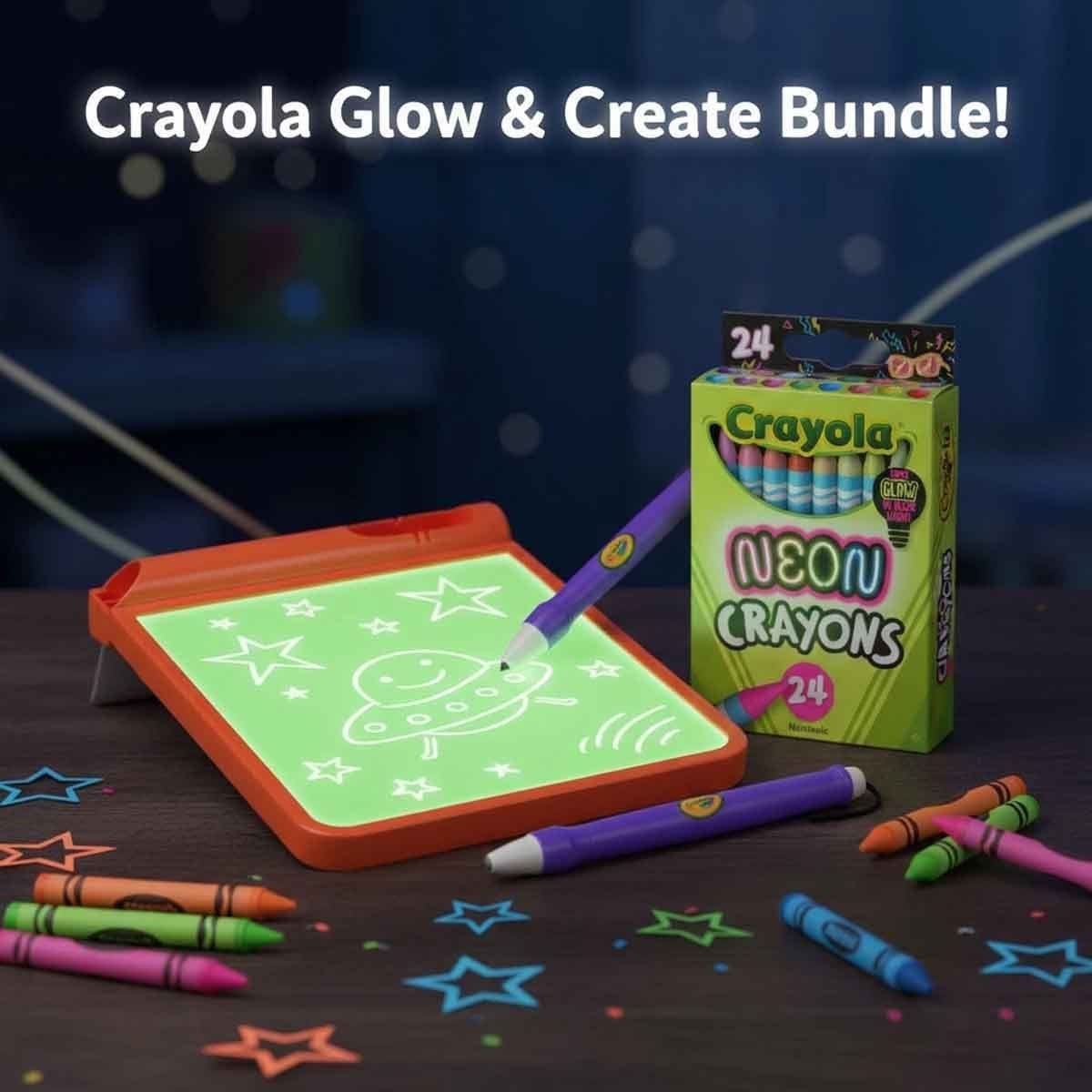 كرايولا مجموعة استوديو فن متوهج للسفر مع أقلام شمعية نيون مجموعة، للجنسين، 5-7 سنوات