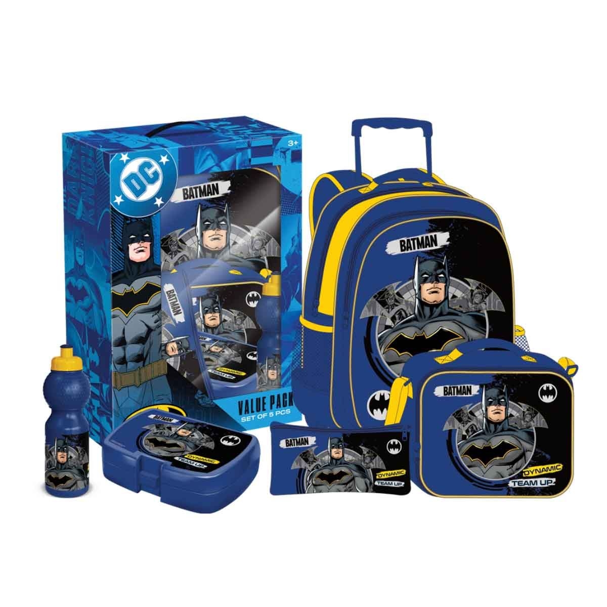 دي سي باتمان مجموعة حقيبة ترولي 5 في 1 مقاس 16 انش مع صندوق غداء وزجاجة ومقلمة وحقيبة غداء