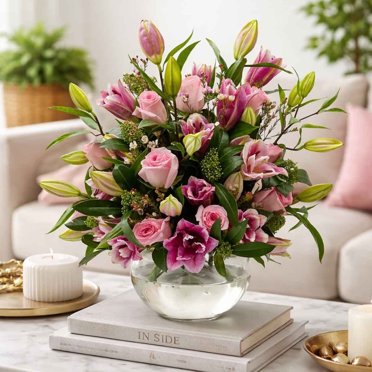 تنسيق كازابلانكا الأنيق في مزهرية من الزهور الطبيعية – 8 زنابق كازابلانكا وردية مع 10 ورود وردية، 2 سكيميا خضراء، 2 واكس فلاور وردي وخلفية ماسينجانا