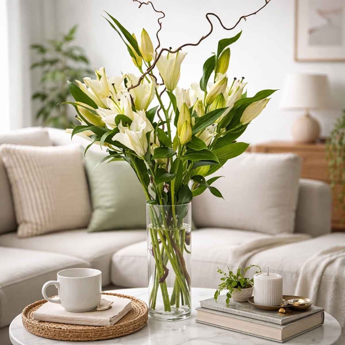 تنسيق الزنابق الأنيق من الزهور الطبيعية – 8 زنابق بيضاء مع 4 روسكس و2 سالكس