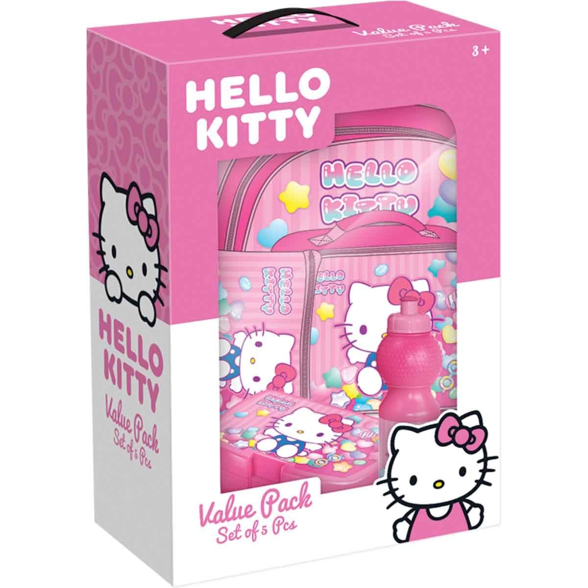 هيلو كيتي مجموعة حقيبة ترولي 5 في 1 مقاس 16 انش مع صندوق غداء وزجاجة ومقلمة وحقيبة غداء