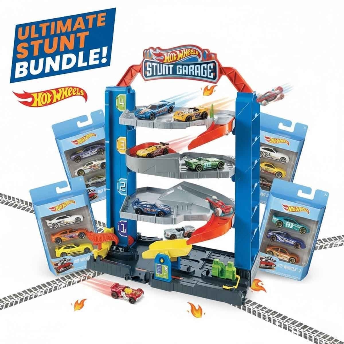 هوت ويلز مجموعة سيارة بيسك متنوعة مع طقم مضمار ستانت جراج، للجنسين، 5-7 سنوات