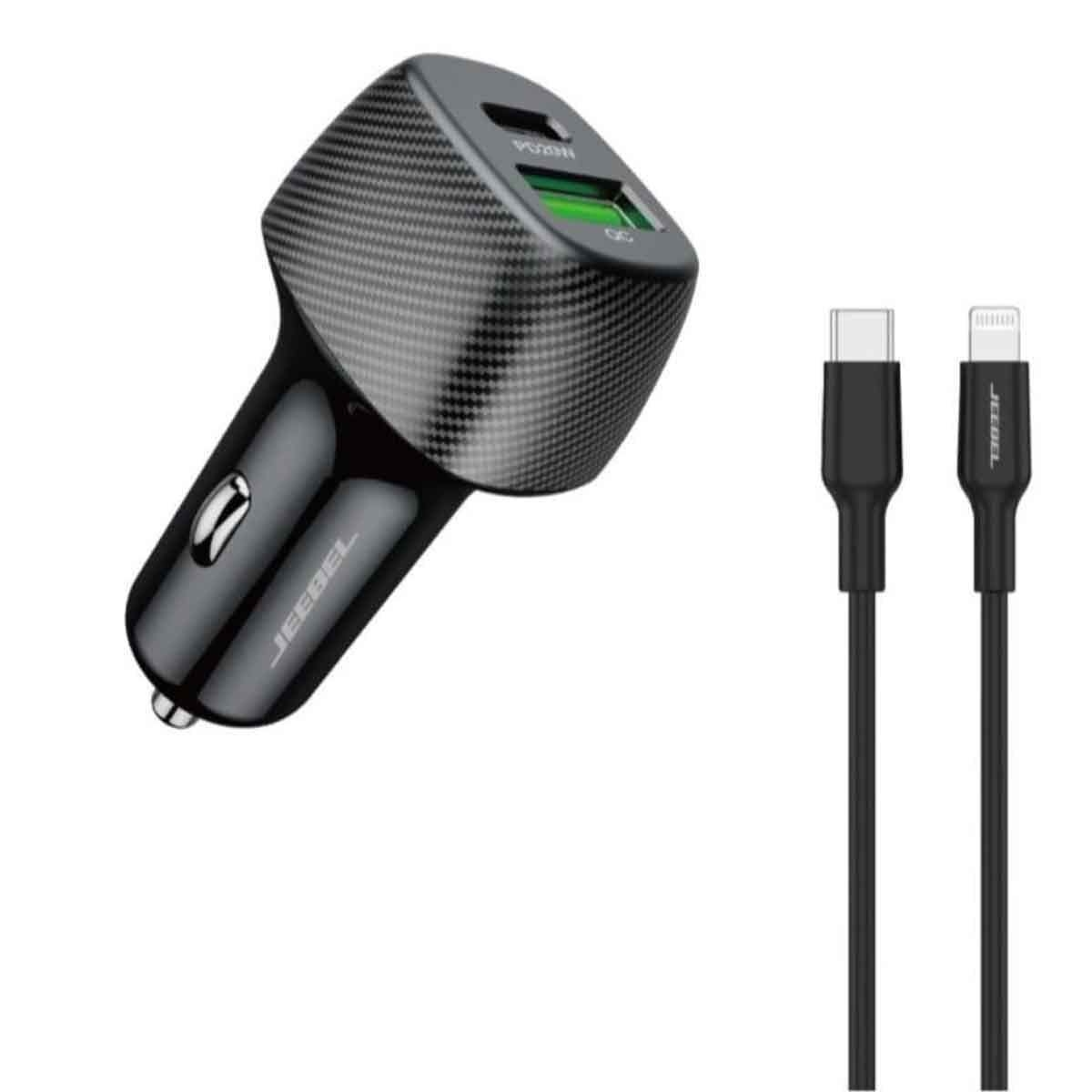 Jeebel Black 38W USB-C PD & USB A Q C3.0 Dual Port Car Charger with MFi Lightning Cable