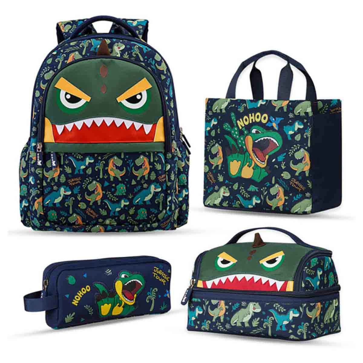 نوهو مجموعة 4 في 1 حقيبة مدرسية 16 إنش بتصميم ديناصور مع حقيبة غداء وحقيبة يد وحقيبة أقلام
